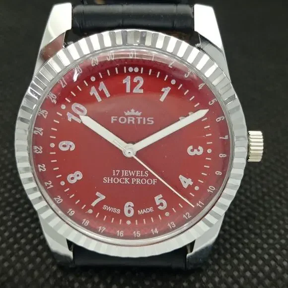 Vintage 1976 Fortis Manual Mens Silver Watch W/Leather Strap & Red accents - Picture 4 of 8
